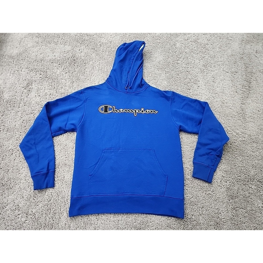 Champion Hoodie Mens Medium Blue Good Script Logo Pullover GF89H Sweatshirt